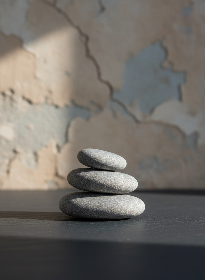A minimalist, symbolic arrangement of smooth river stones stacked atop each other in gentle balance, positioned on a polished slate surface. In the background, a soft, blurred suggestion of an aged, textured wall adds depth without distraction. The scene is illuminated by gentle, indirect natural light that creates delicate highlights on each stone and subtle, graceful shadows. Photographed from a low, eye-level perspective with a centered composition and shallow depth of field, this image exudes calm strength and quiet triumph. The visual style is photographic and sophisticated, with a subdued, elegant palette and minimalist composition that resonates with the site’s theme of endurance through adversity.