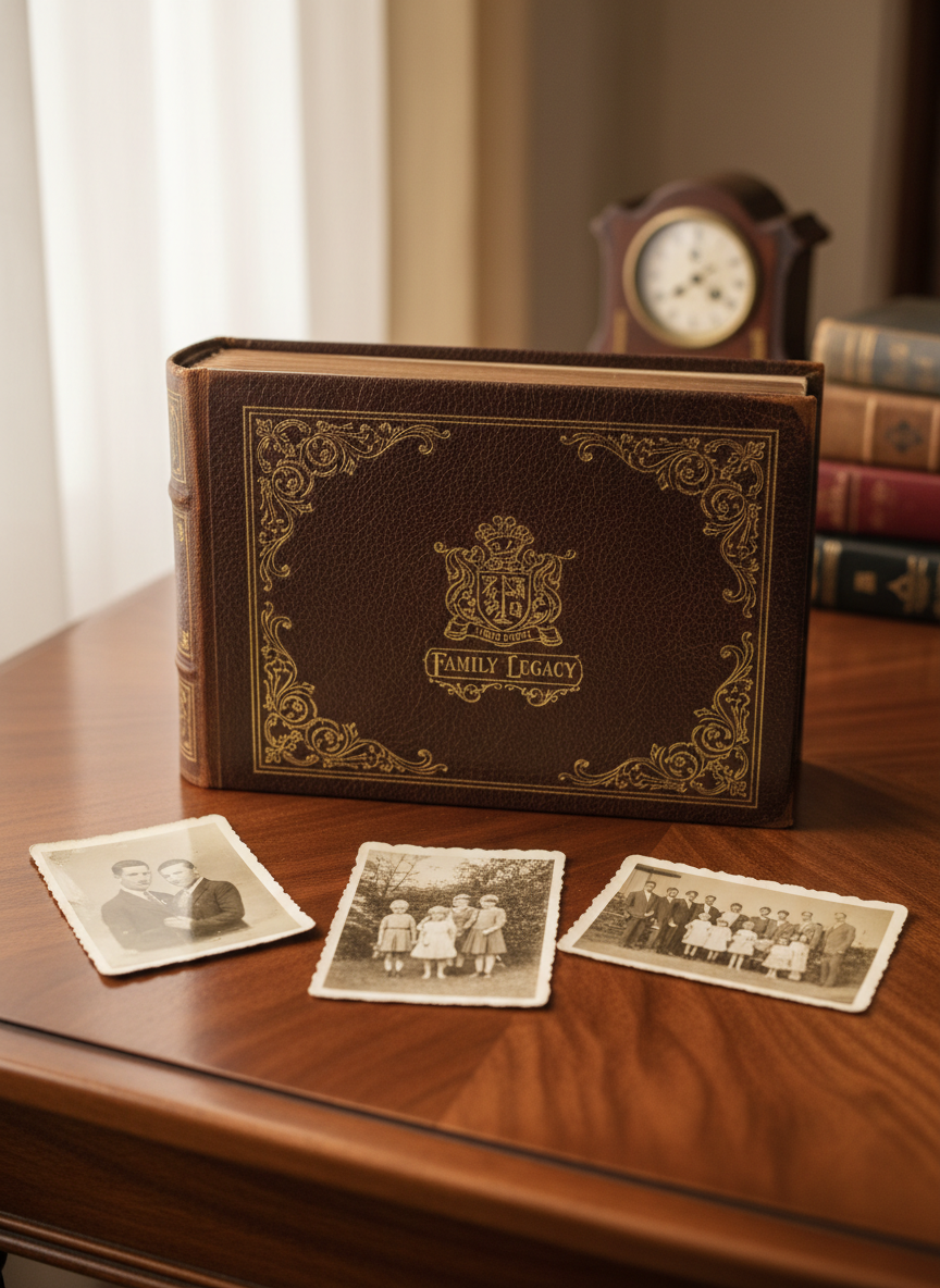 A vintage leather-bound family photo album with embossed gold detailing and gently worn edges, resting atop a richly grained walnut table. Surrounding the album are a few sepia-toned photographs, delicately fanned out, hinting at generations past. Muted ambient light from an unseen window bathes the scene, casting soft, elegant shadows and highlighting the tactile textures of the leather and wood. Captured from an eye-level, centered angle with a shallow depth of field, the focus remains on the album, while subtle gradients fade into the out-of-focus background. The mood is reflective and sophisticated, evoking a sense of legacy in a minimalist photographic style, perfectly matching the refined theme of family history.
