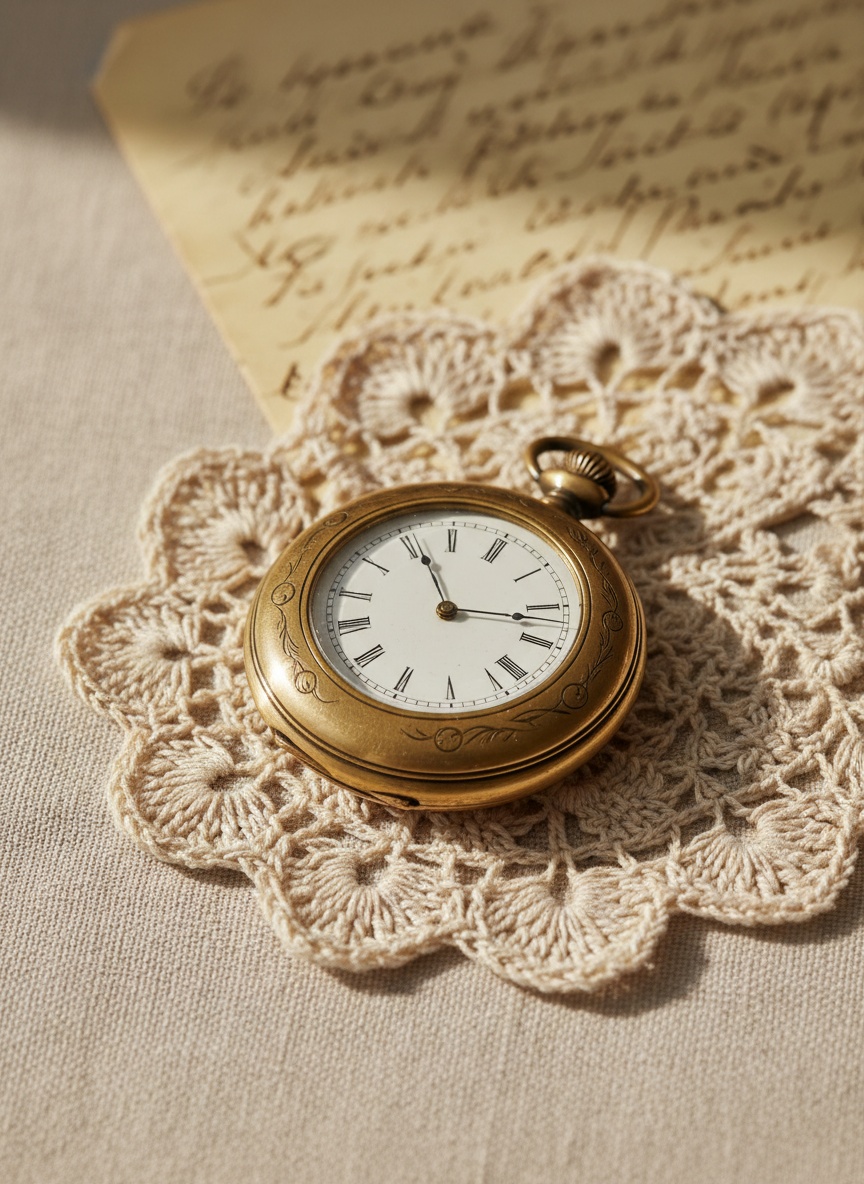 A refined antique brass pocket watch with slender Roman numerals and a finely etched case, placed carefully on a delicate lace handkerchief. Behind the watch, a faded handwritten letter in graceful script is partially visible, resting on a minimalist pale linen surface. Soft, diffused afternoon light streams in from the left, accentuating the metallic sheen of the watch and the intricate lace detail. The composition uses asymmetric balance and a shallow depth of field, placing the watch in the foreground while the letter and handkerchief softly blur into the distance. The atmosphere is quietly contemplative and elegant, with a sophisticated photographic realism and a muted color palette that reflects treasured memories.
