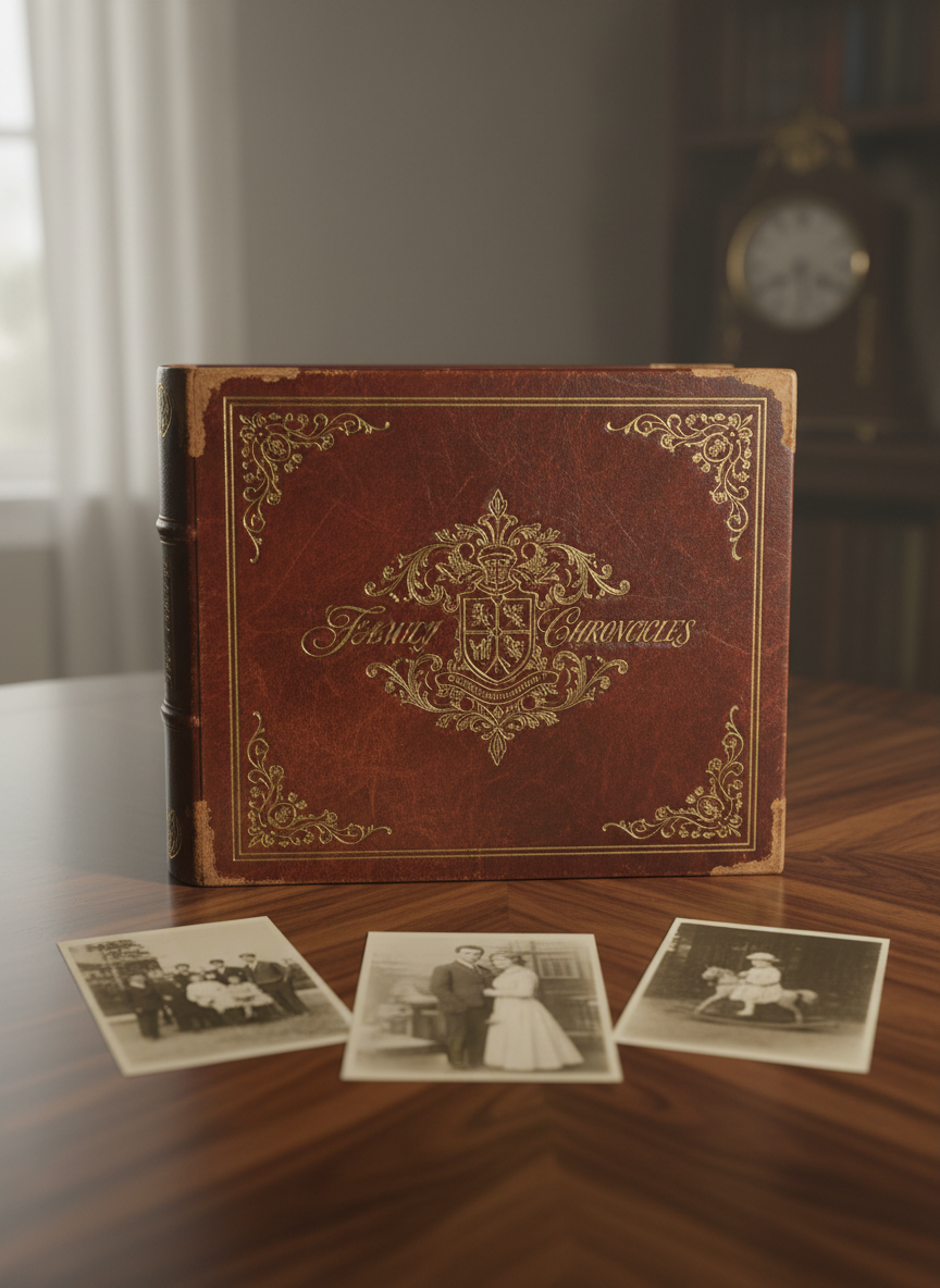 A vintage leather-bound family photo album with embossed gold detailing and gently worn edges, resting atop a richly grained walnut table. Surrounding the album are a few sepia-toned photographs, delicately fanned out, hinting at generations past. Muted ambient light from an unseen window bathes the scene, casting soft, elegant shadows and highlighting the tactile textures of the leather and wood. Captured from an eye-level, centered angle with a shallow depth of field, the focus remains on the album, while subtle gradients fade into the out-of-focus background. The mood is reflective and sophisticated, evoking a sense of legacy in a minimalist photographic style, perfectly matching the refined theme of family history.