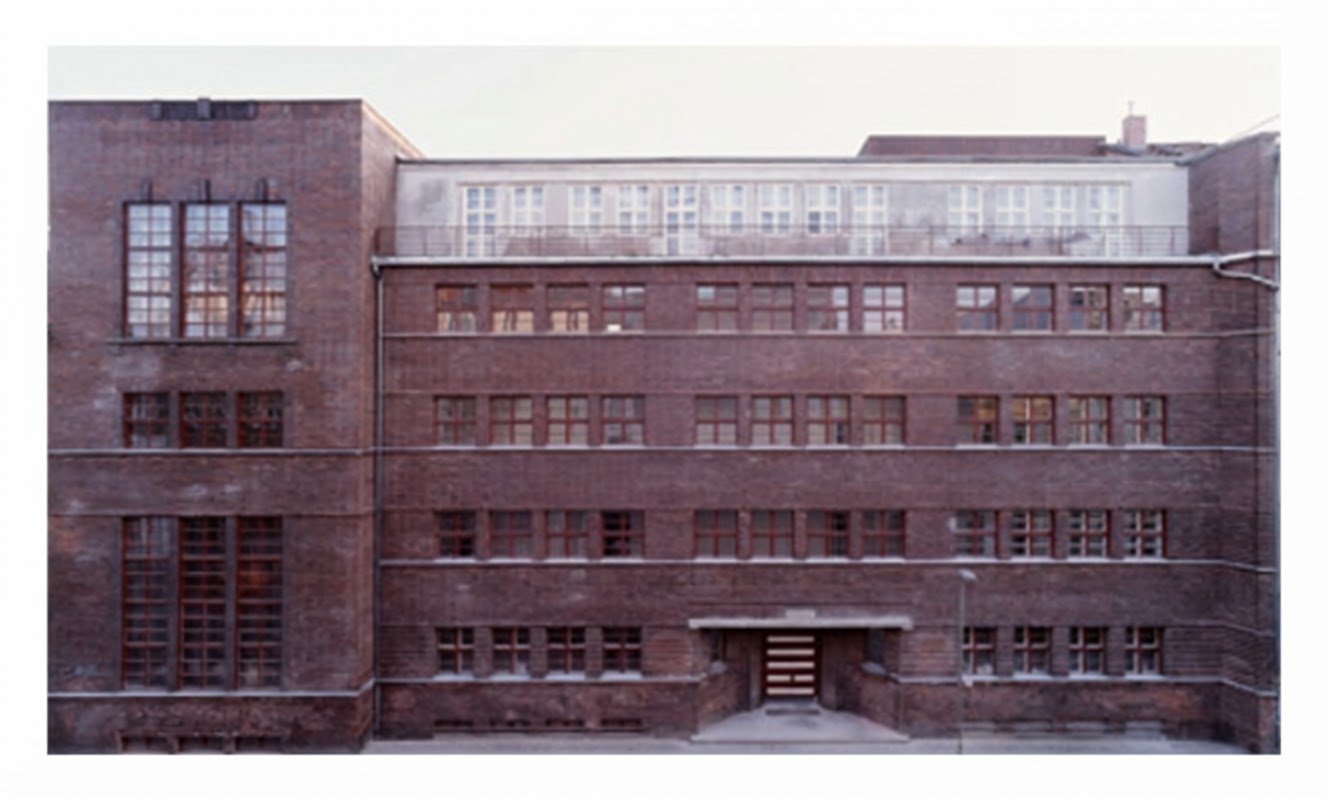 A large, multi-story brick building with many windows, situated in an urban setting.