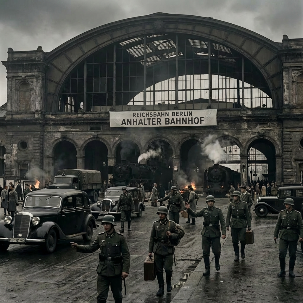 Historical photo of Berlin's Anhalter Bahnhof station with text REICHSBAHN BERLIN ANHALTER BAHNHOF.